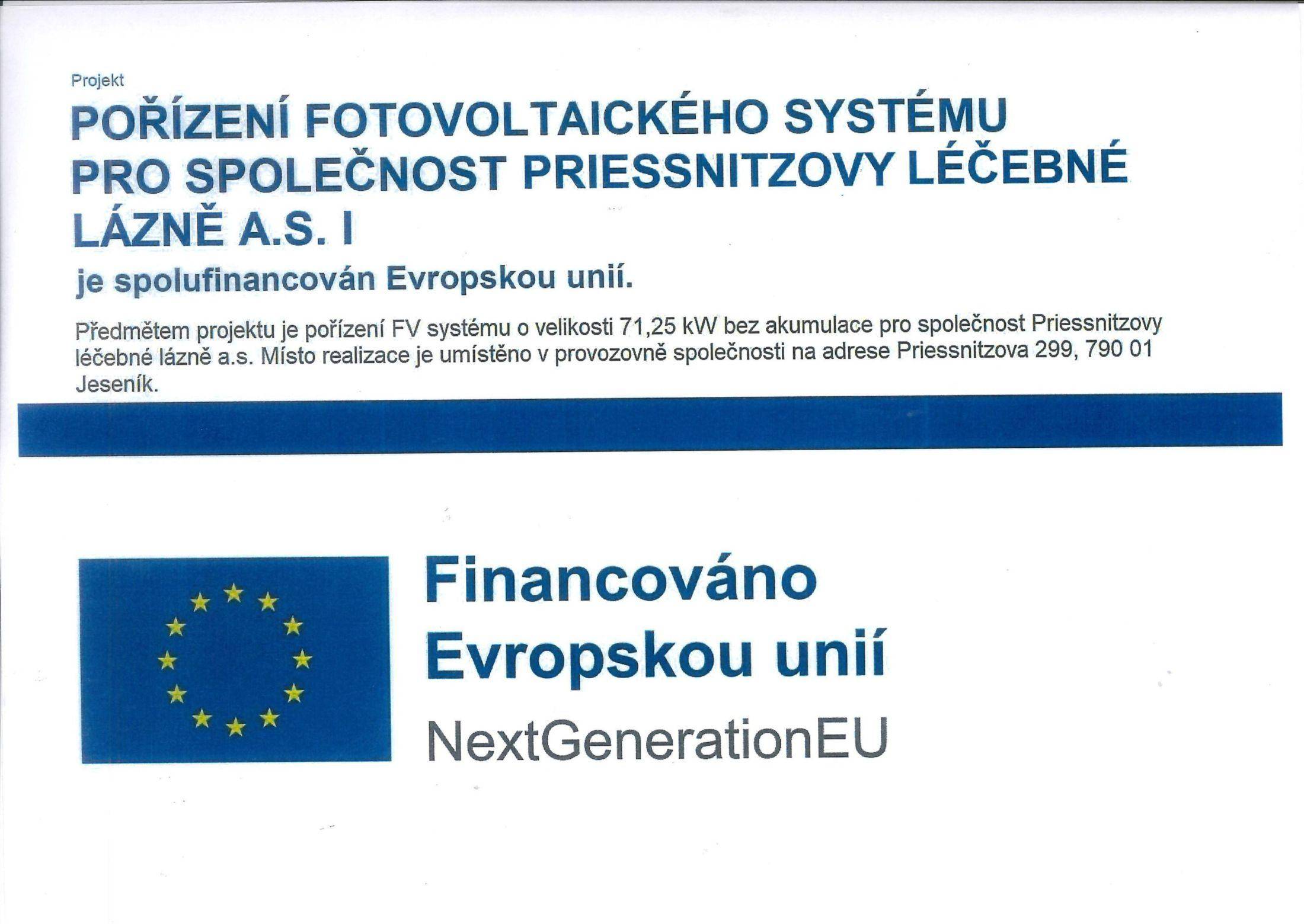 Projekt Pořízení fotovoltaického systému pro společnost Priessnitzovy léčebné lázně a.s