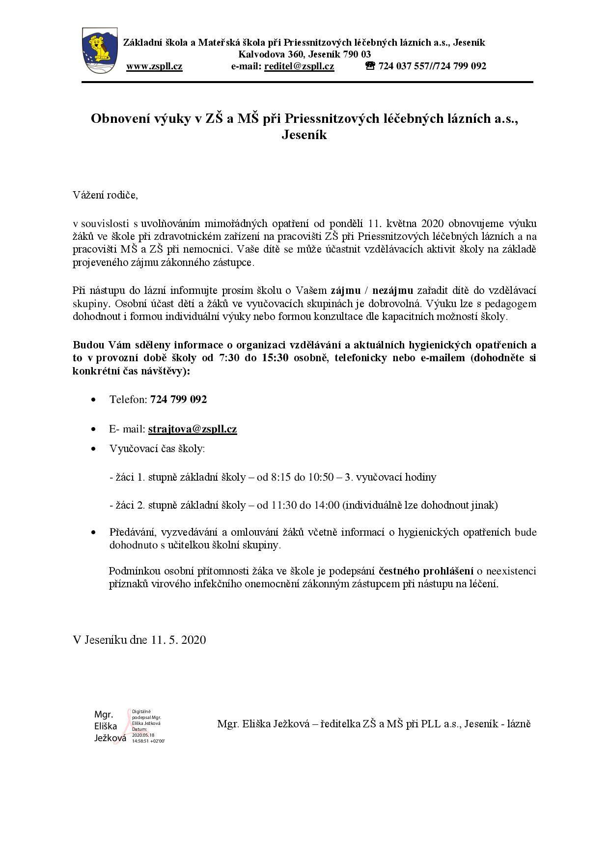 Info k obnovení výuky 11. 5. 2020